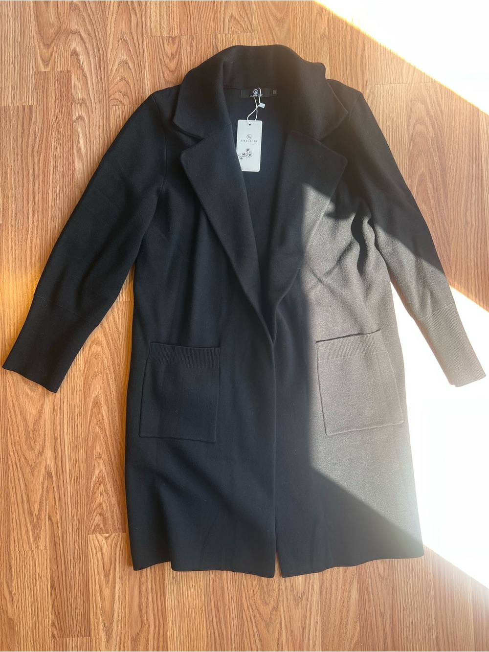 Women's Black Open-Front Long Cardigan with Patch Pockets